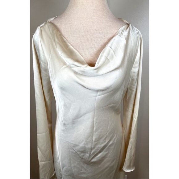 Reformation Pike Satin Long Sleeve Cowl Neck Almond White Mini Dress Size Large - Picture 6 of 14